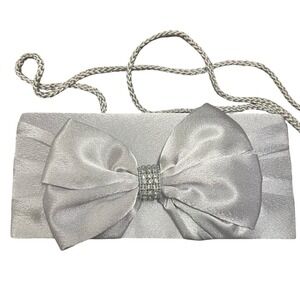 Jessica McClintock Silver Satin Evening Clutch Shoulder Bag Purse Rhinestone Bow